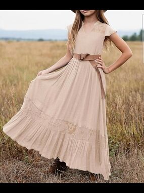 Girls' Cream Boho Maxi Dress with Lace Trim